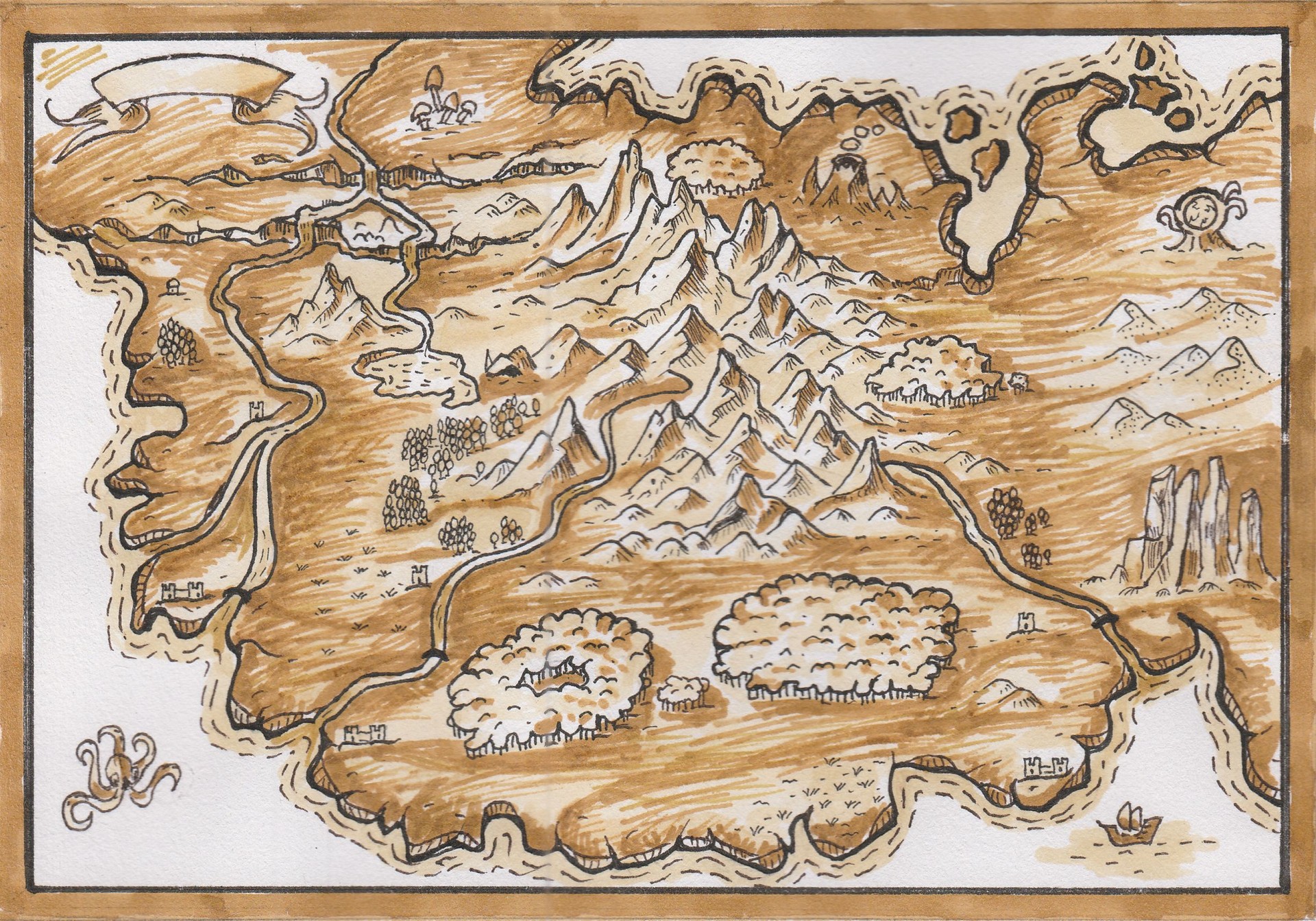 Old hand drawn vintage looking fantasy map with symbols on on paper with sepia colours